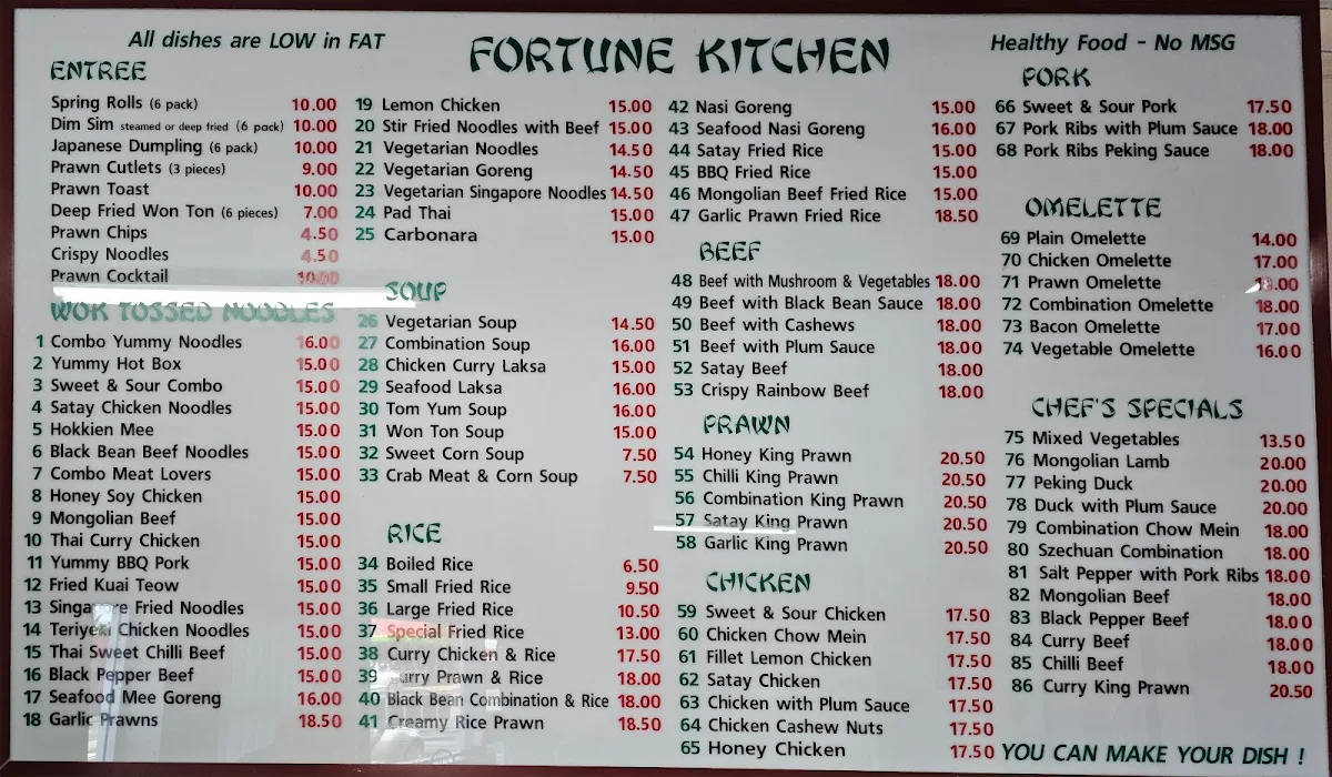 Menu, Fortune Kitchen