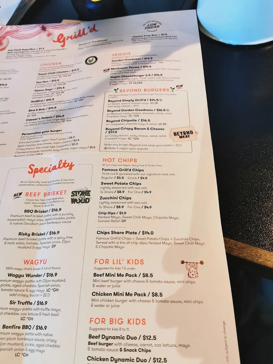Menu, Grill'd Burgers - Hillarys
