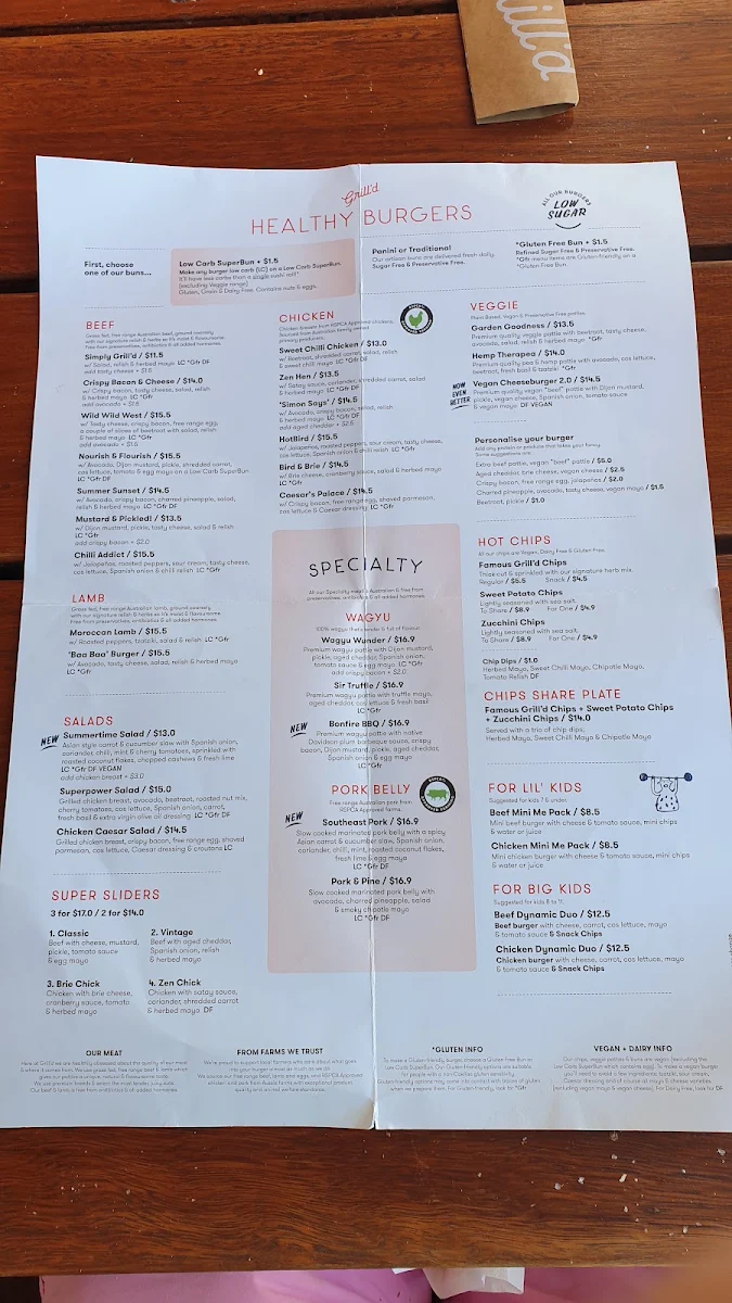 Menu, Grill'd Burgers - Hillarys