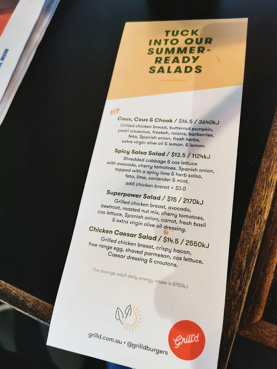 Menu, Grill'd Burgers - Hillarys