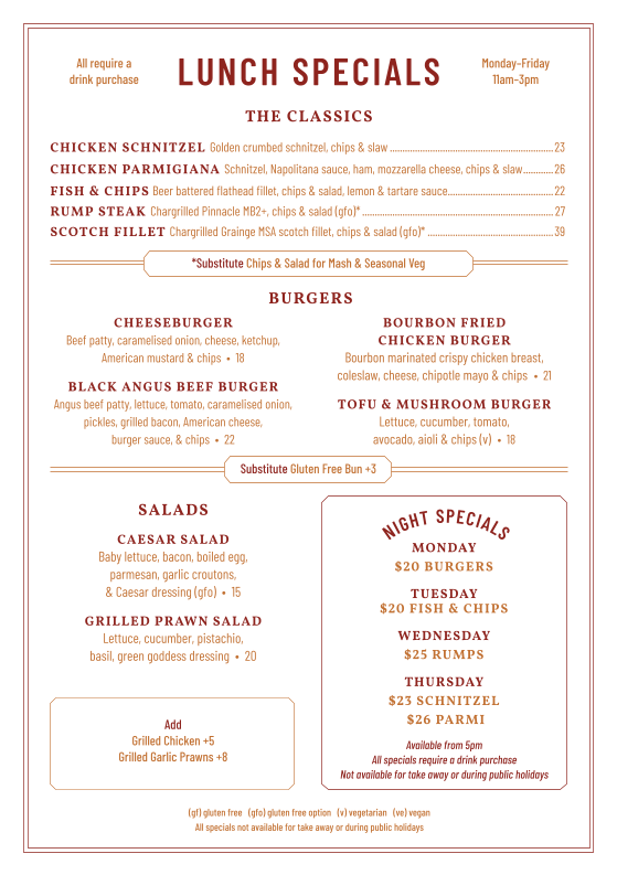 Menu, Sir Joseph Banks Hotel