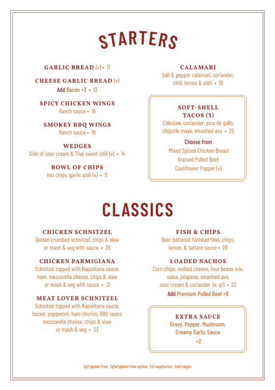 Menu, Sir Joseph Banks Hotel