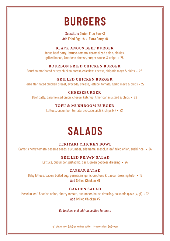 Menu, Sir Joseph Banks Hotel