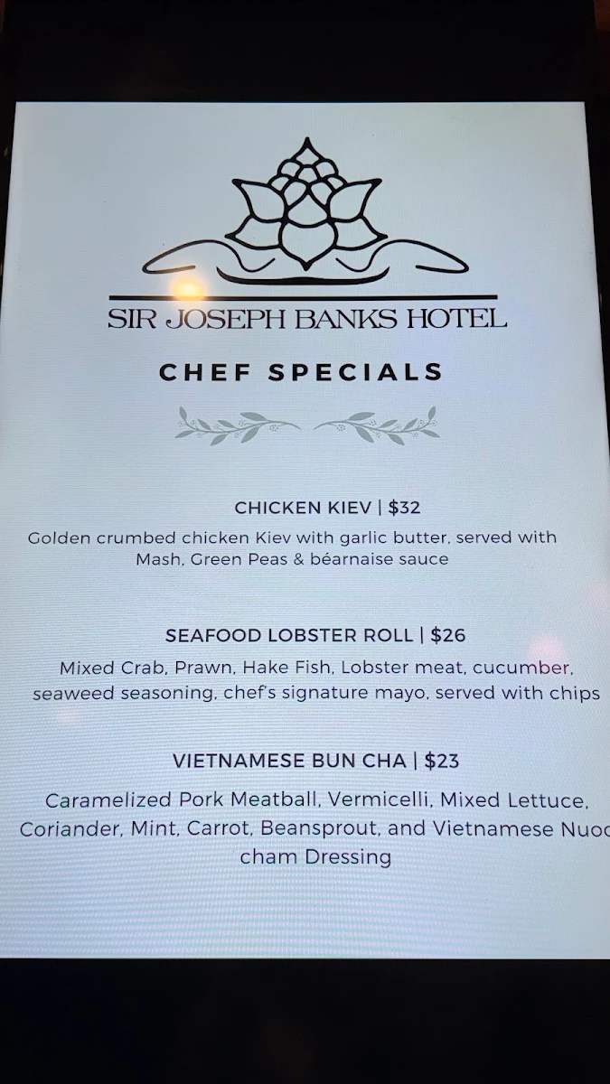 Menu, Sir Joseph Banks Hotel