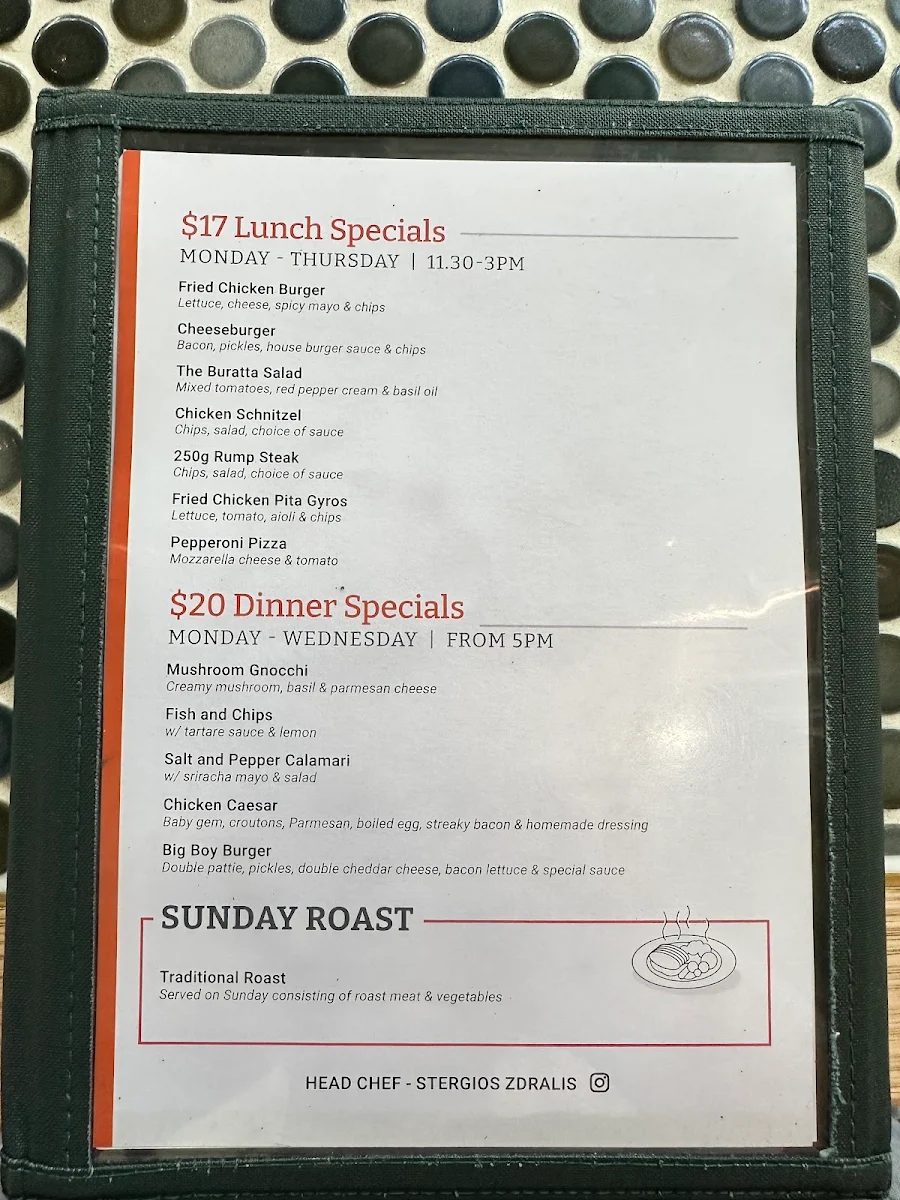 Menu, Sir Joseph Banks Hotel