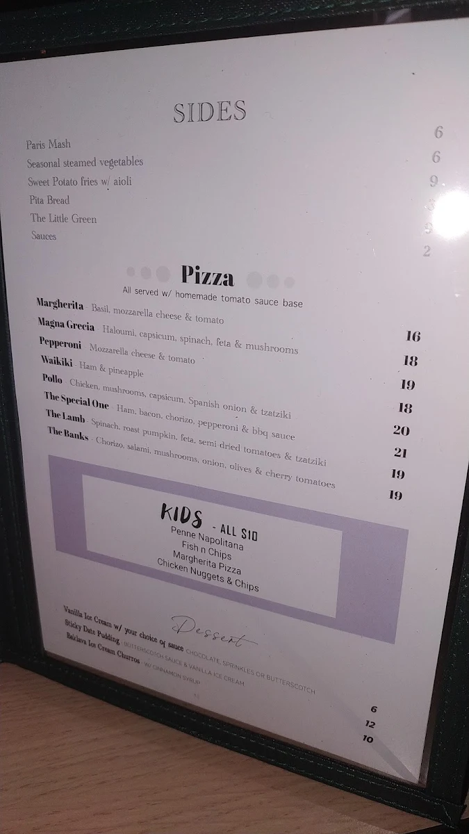 Menu, Sir Joseph Banks Hotel