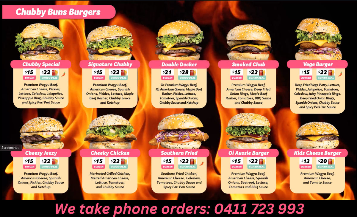 Menu, Chubby Buns Burgers Gordon