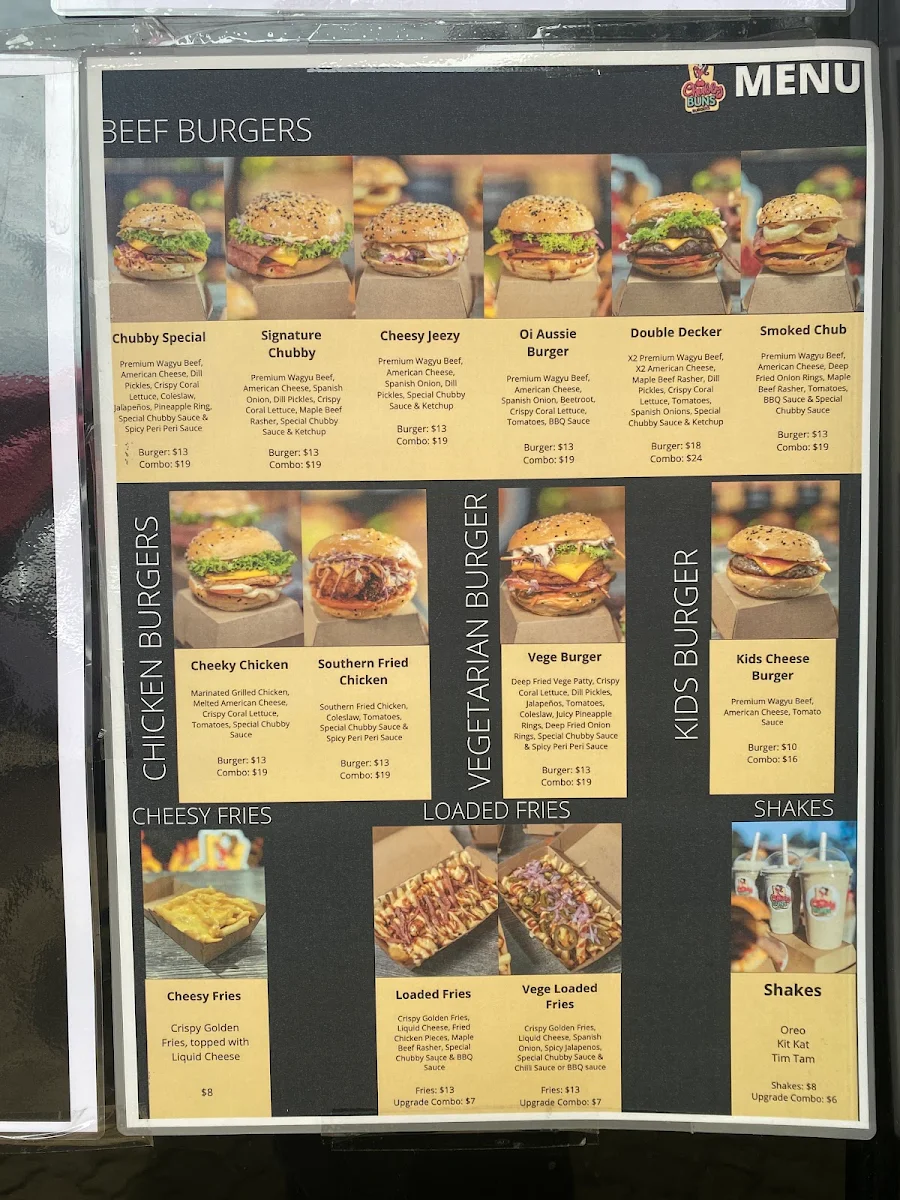 Menu, Chubby Buns Burgers Gordon