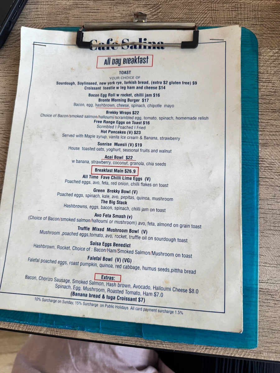 Menu, Salina cafe