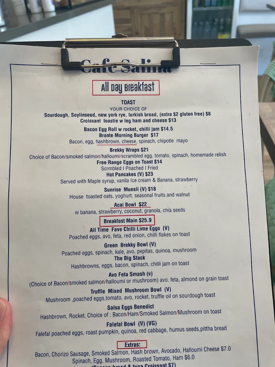Menu, Salina cafe