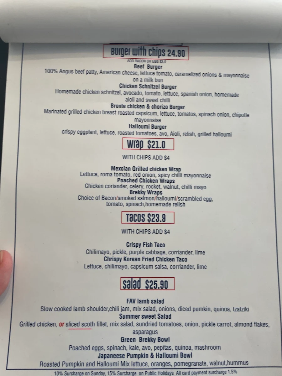 Menu, Salina cafe