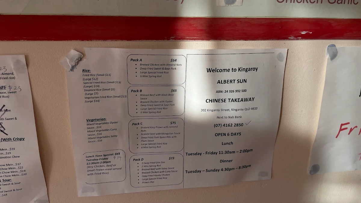 Menu, Albert Sun Chinese Takeaway