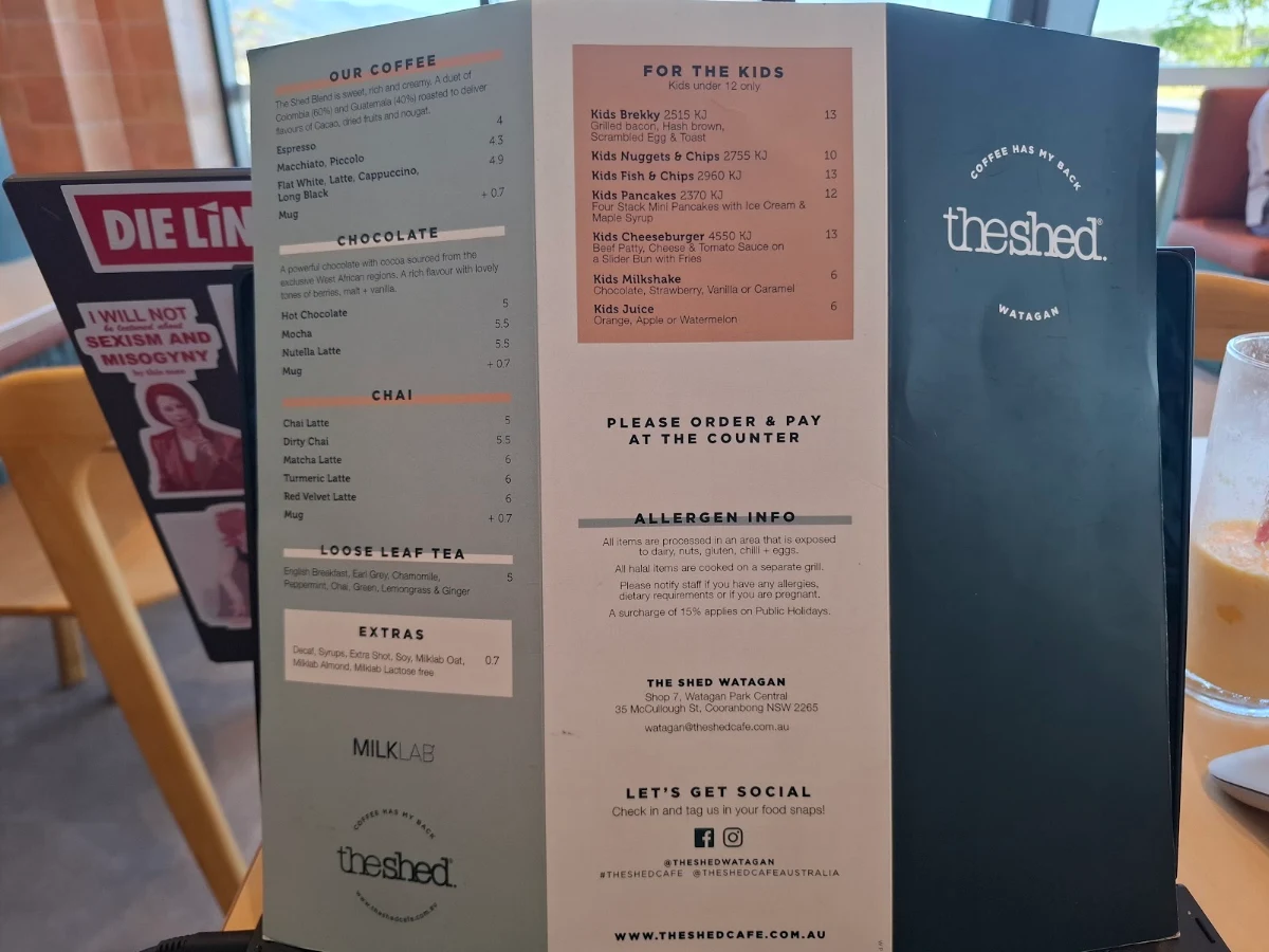 Menu, The Shed Cafe - Watagan