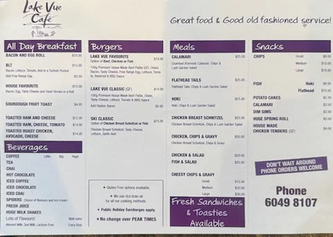 Menu, Lake Vue Cafe