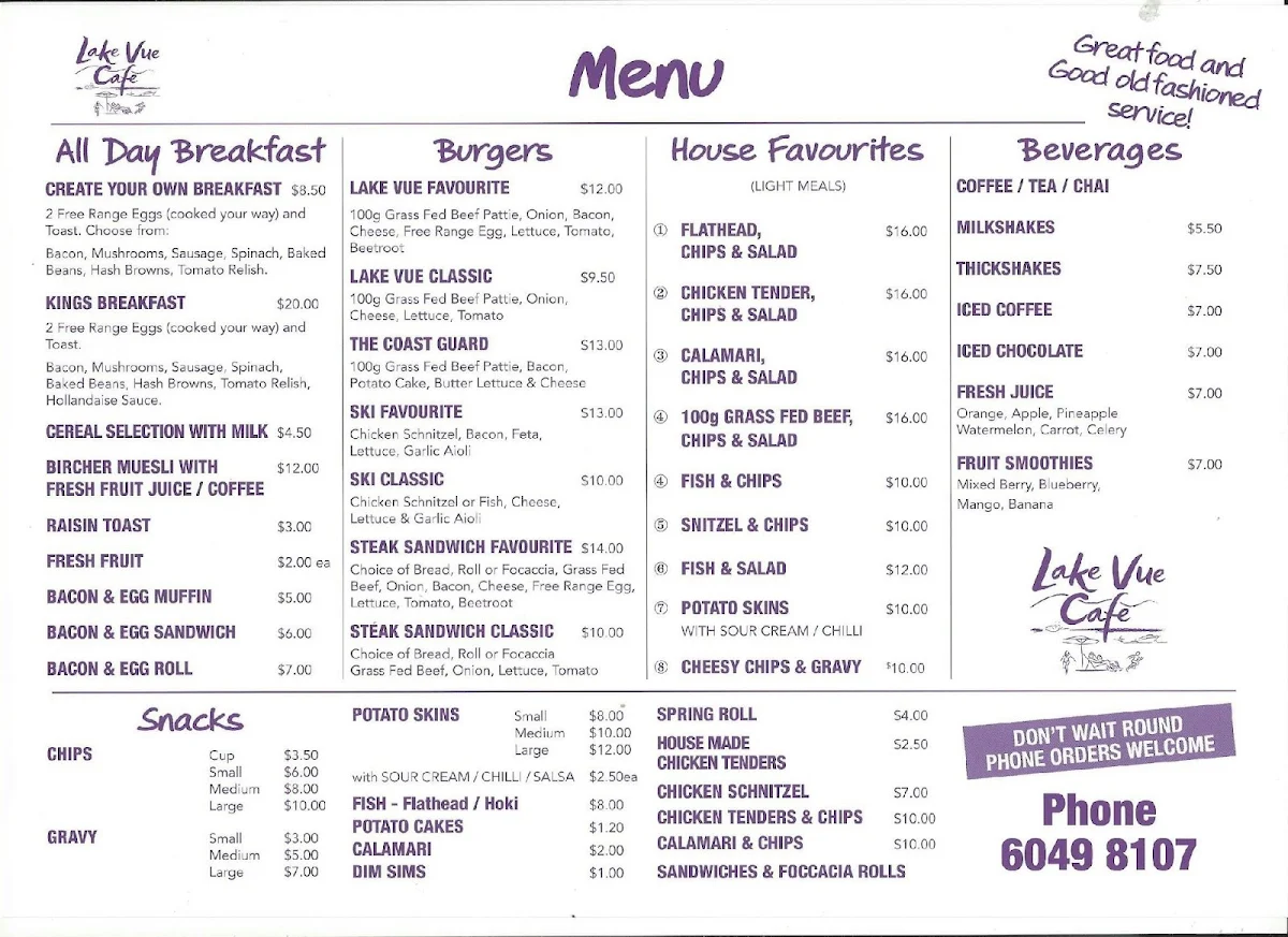 Menu, Lake Vue Cafe
