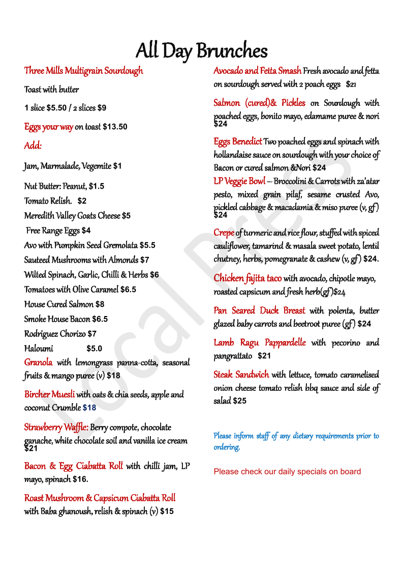 Menu, Local Press Cafe