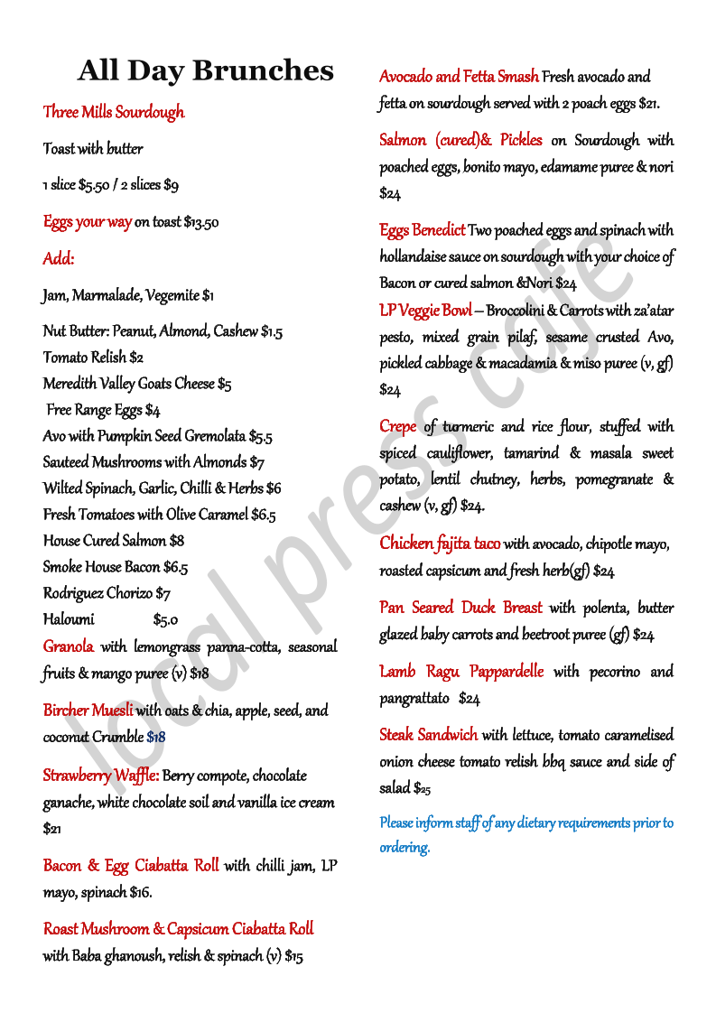 Menu, Local Press Cafe