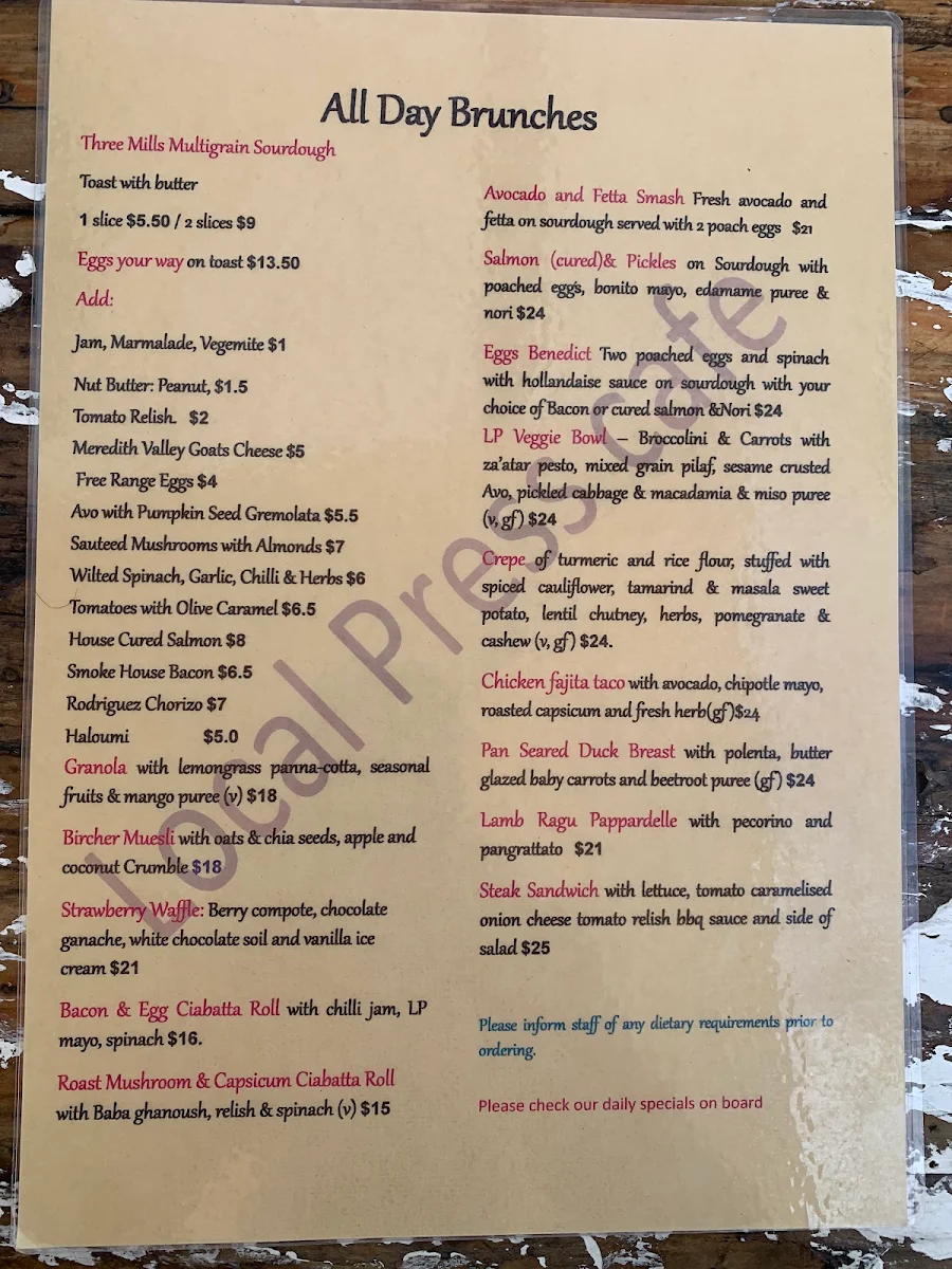 Menu, Local Press Cafe