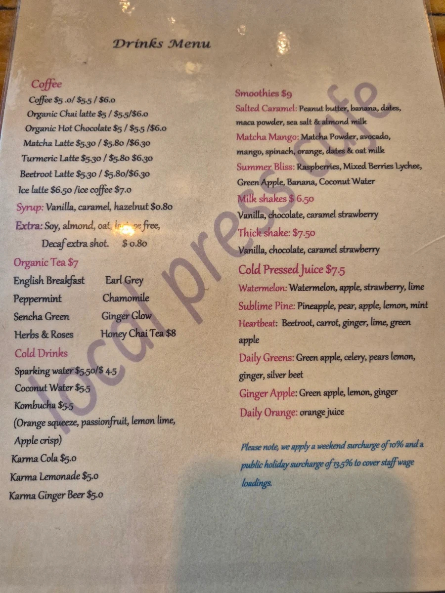 Menu, Local Press Cafe
