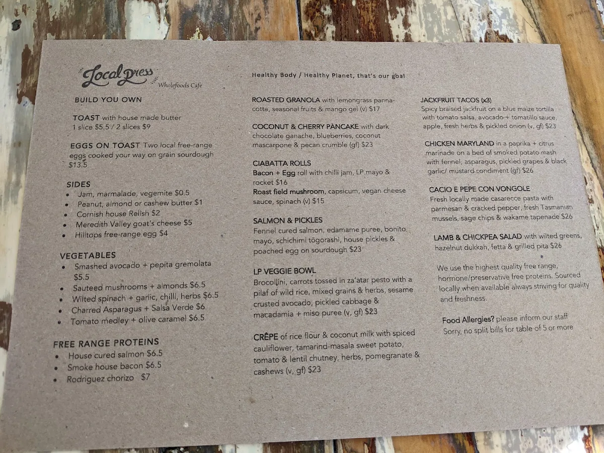 Menu, Local Press Cafe