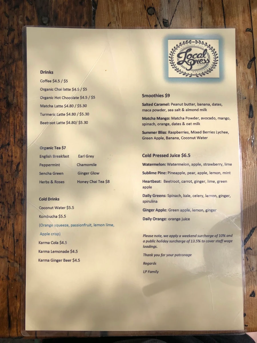 Menu, Local Press Cafe