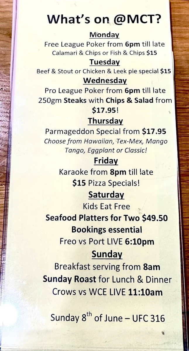 Menu, Market City Tavern