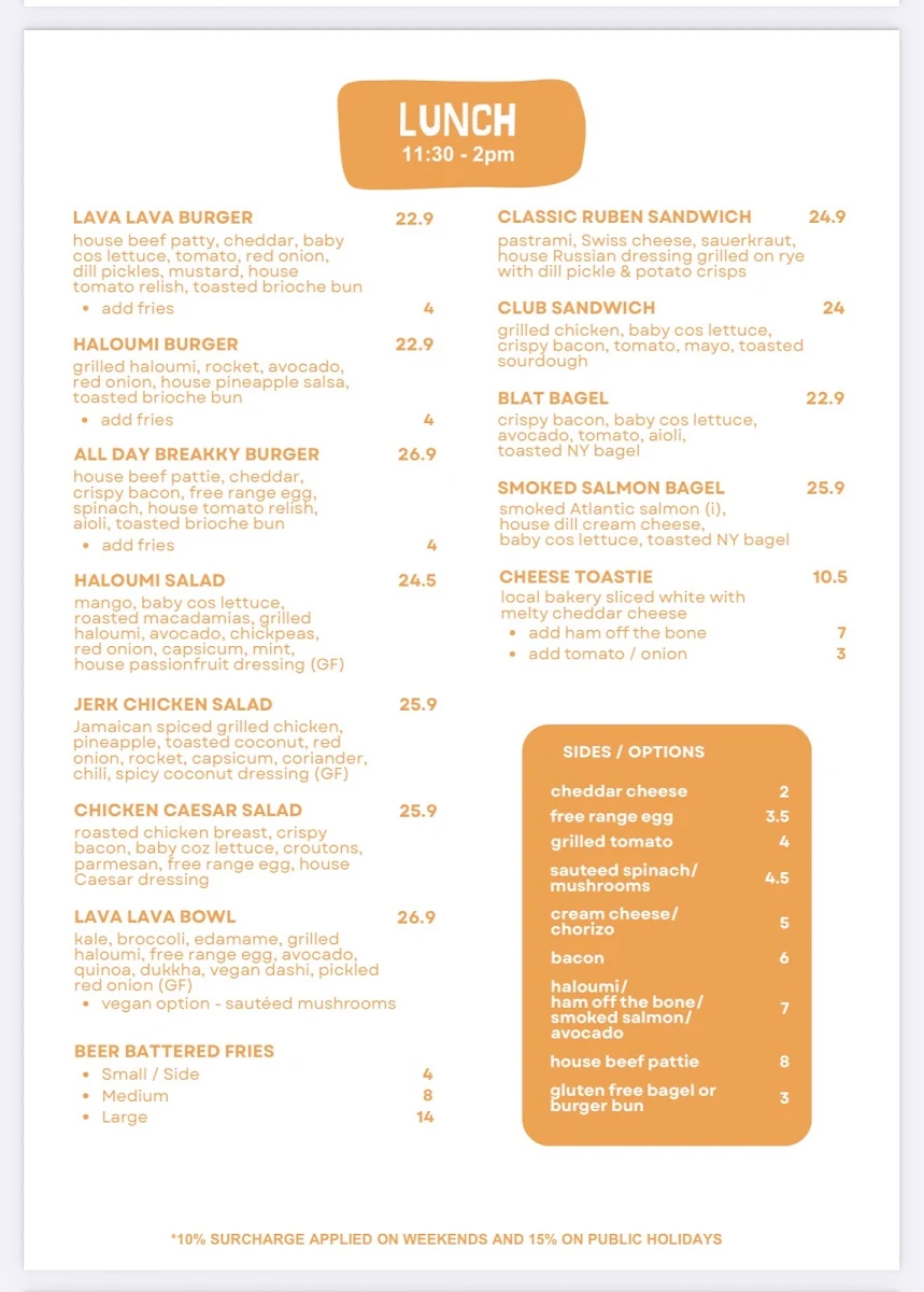 Menu, Lava Lava Magnetic Island