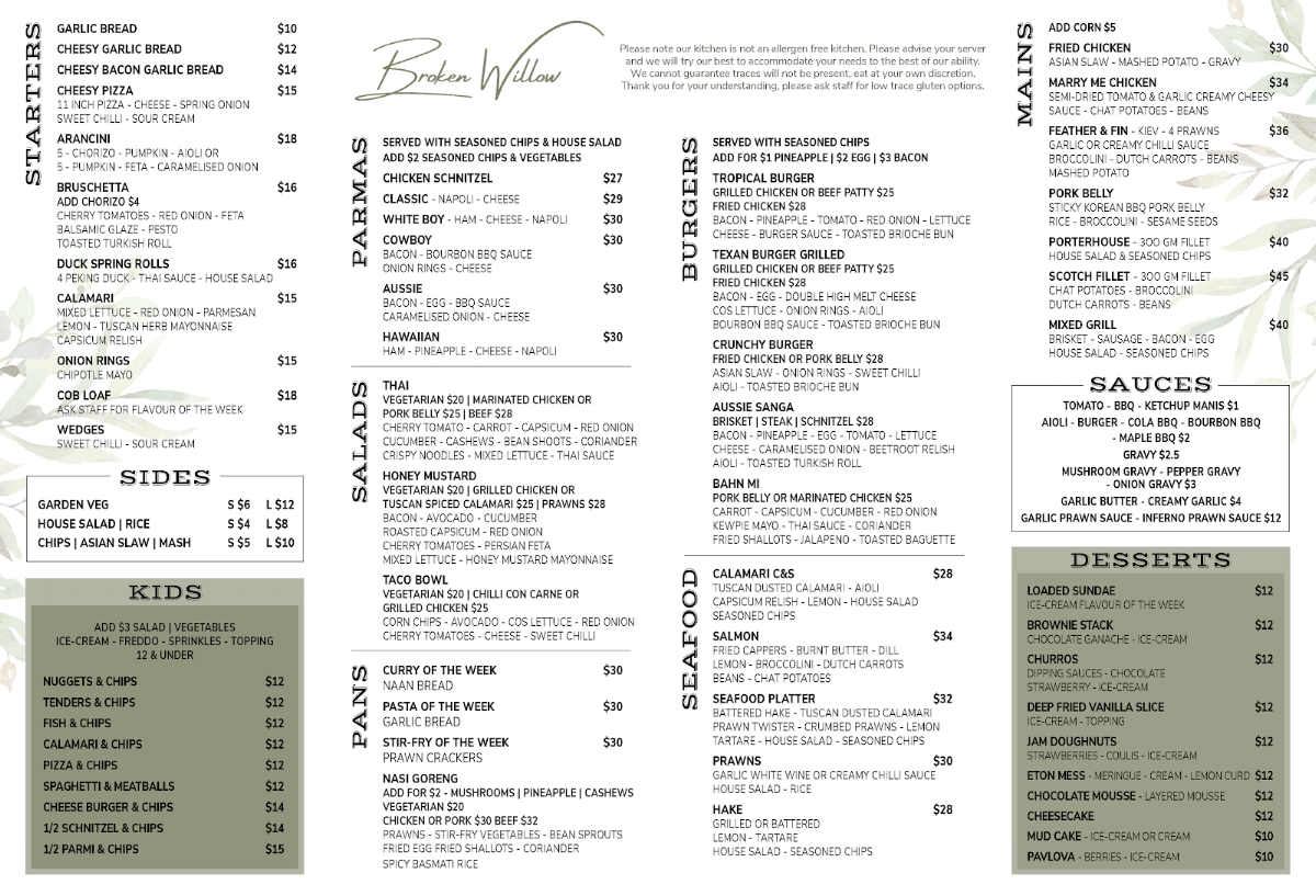 Menu, Broken Willow