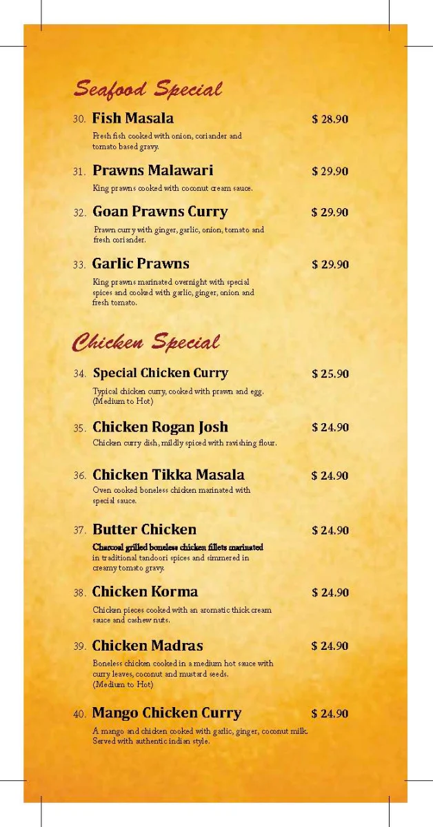Menu, Curry Vault Indian Restaurant and Bar Melbourne