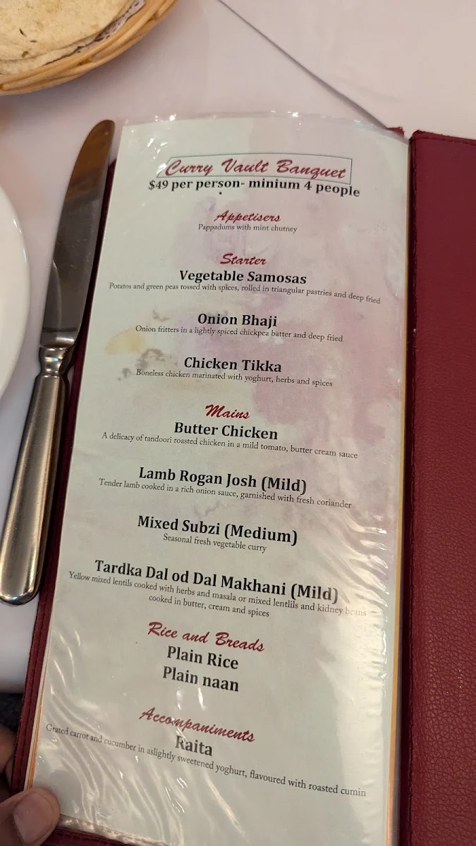 Menu, Curry Vault Indian Restaurant and Bar Melbourne