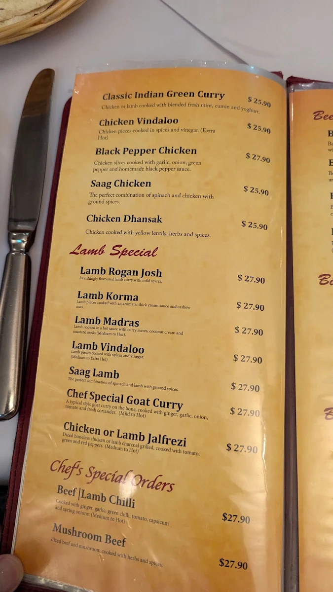 Menu, Curry Vault Indian Restaurant and Bar Melbourne