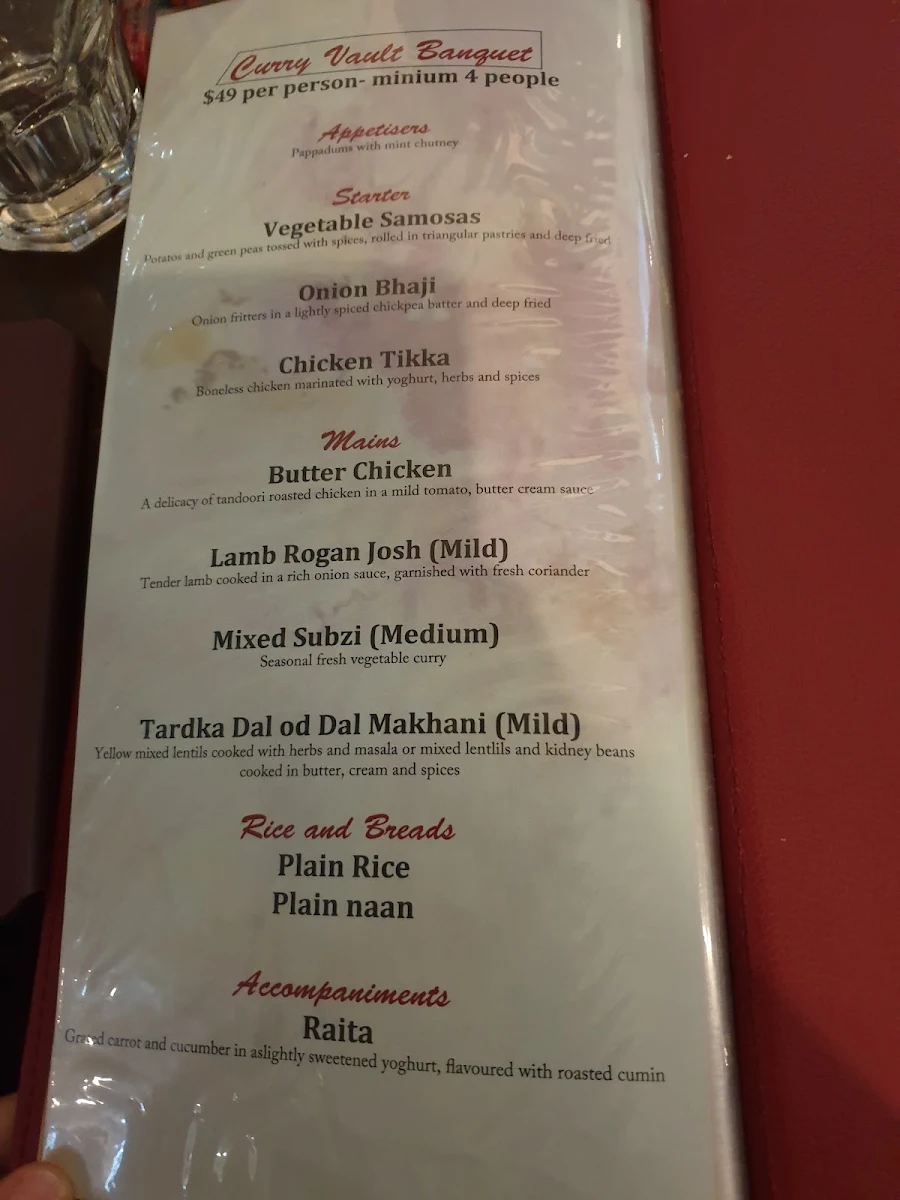 Menu, Curry Vault Indian Restaurant and Bar Melbourne