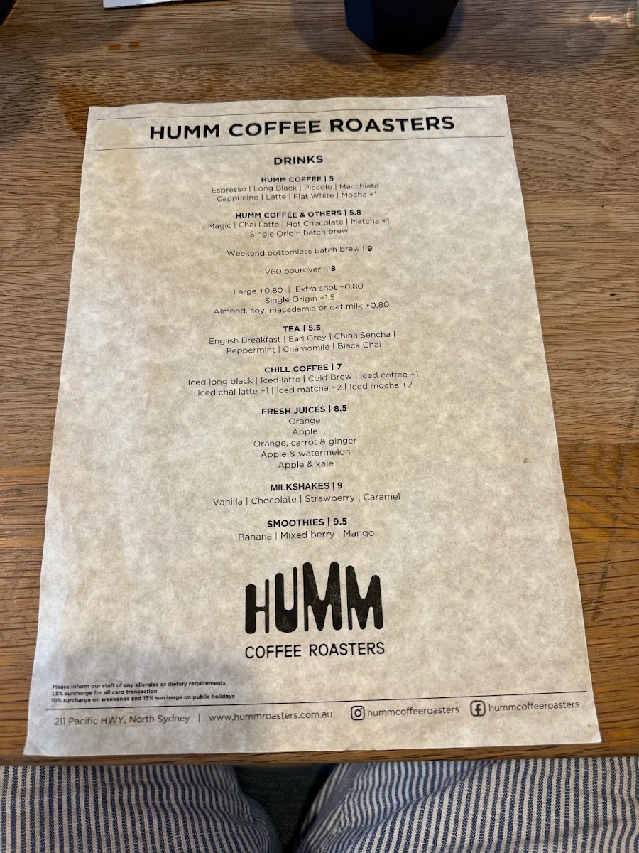 Menu, HUMM Coffee Roasters