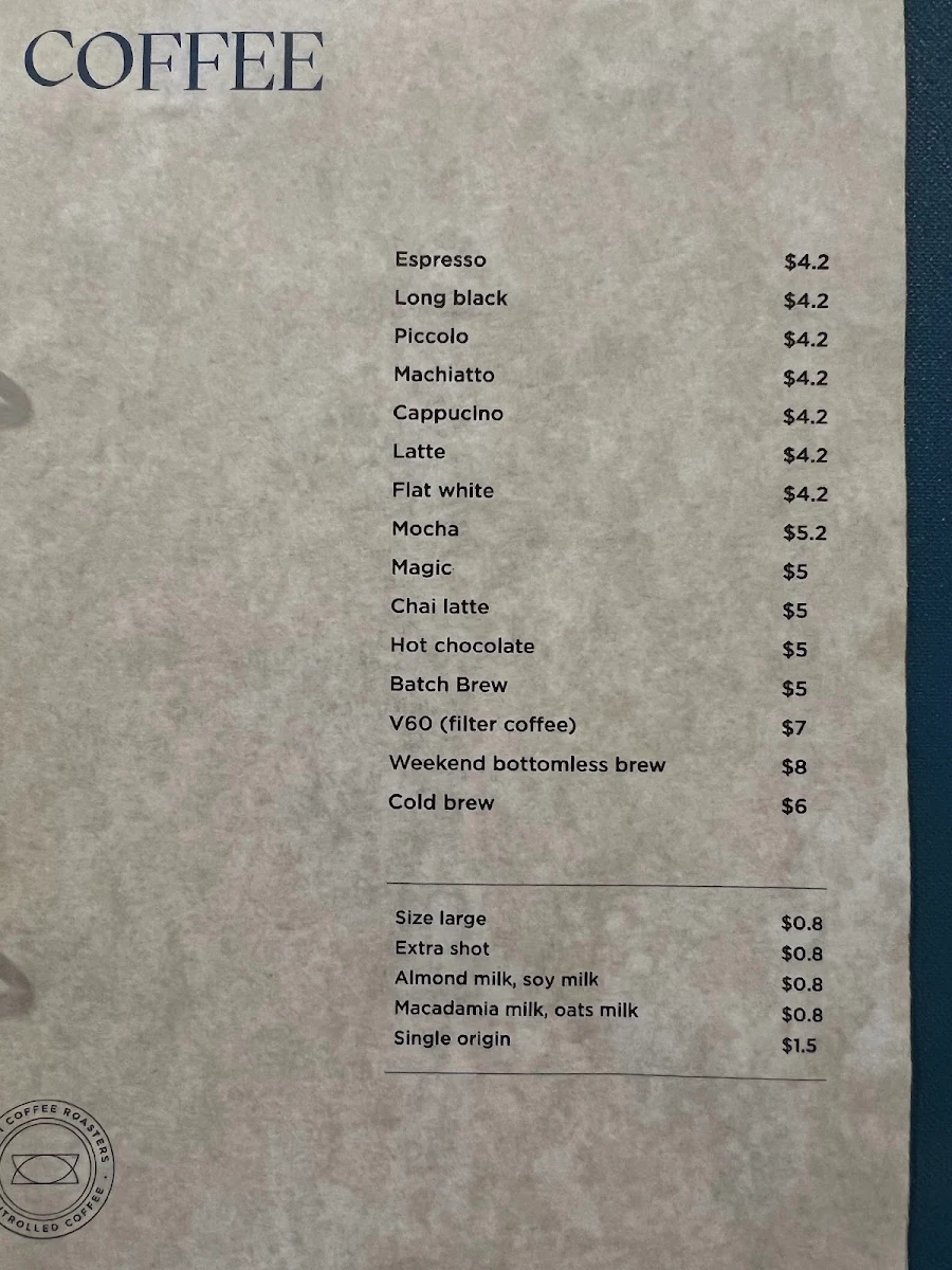 Menu, HUMM Coffee Roasters
