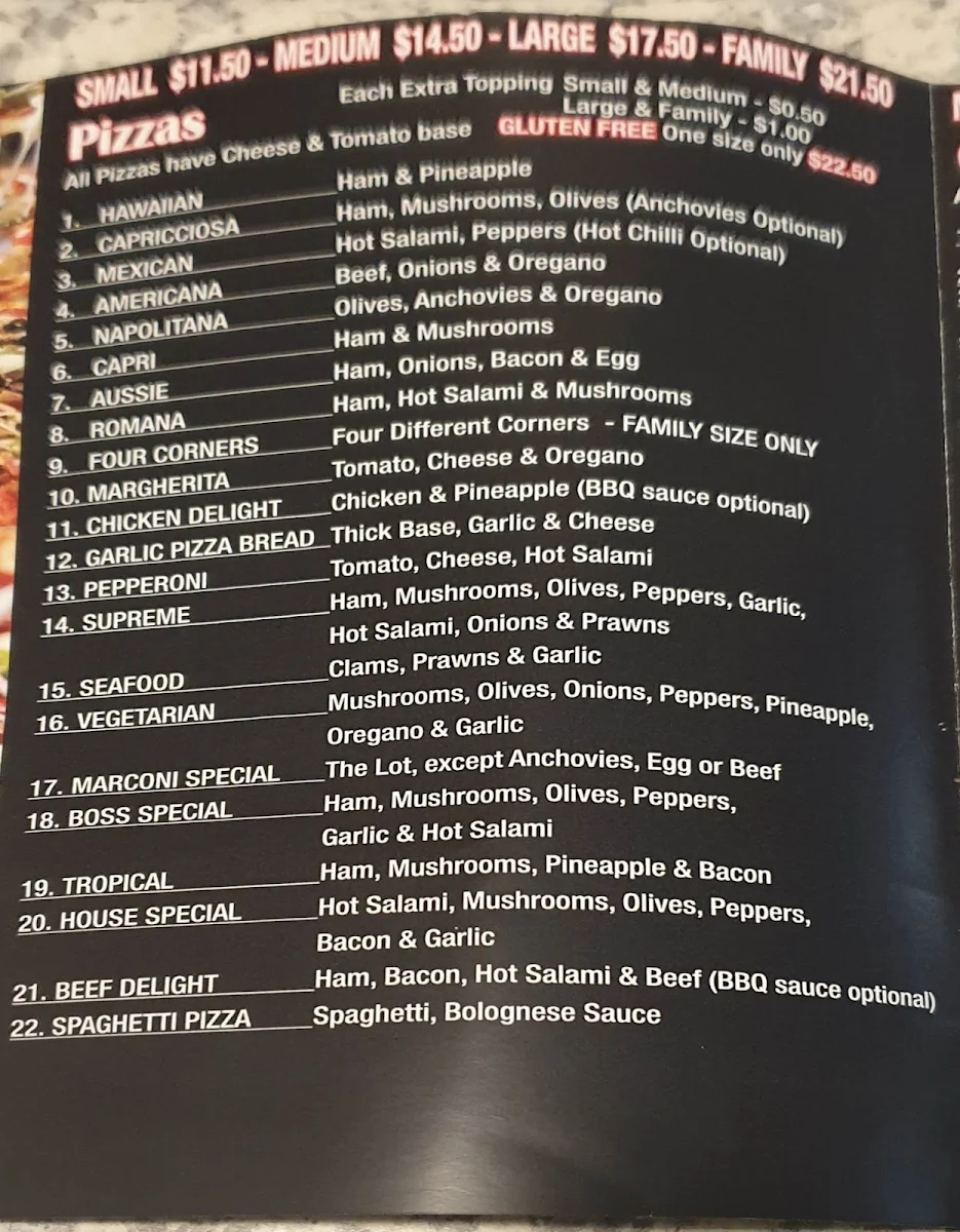 Menu, De Marconi's Pizza & Pasta