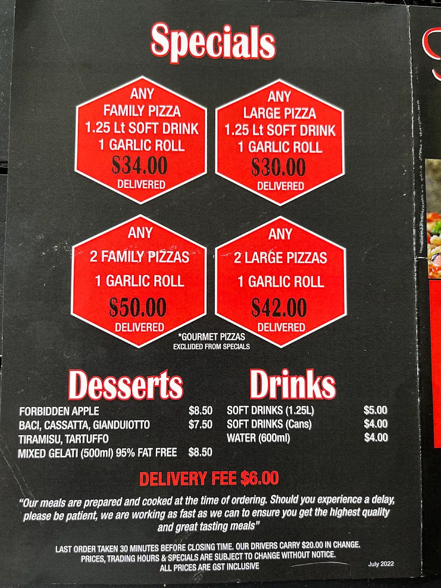 Menu, De Marconi's Pizza & Pasta