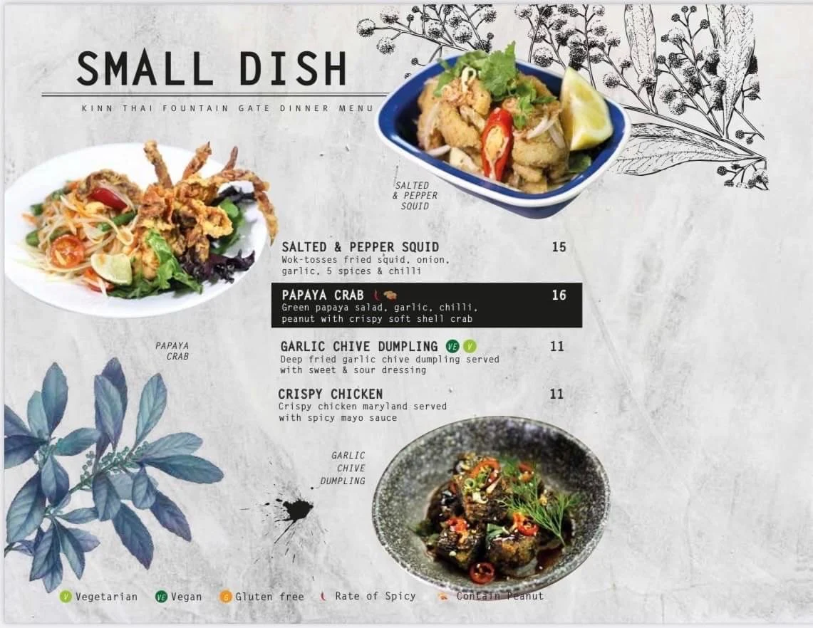Menu, Kinn Thai Fountain Gate