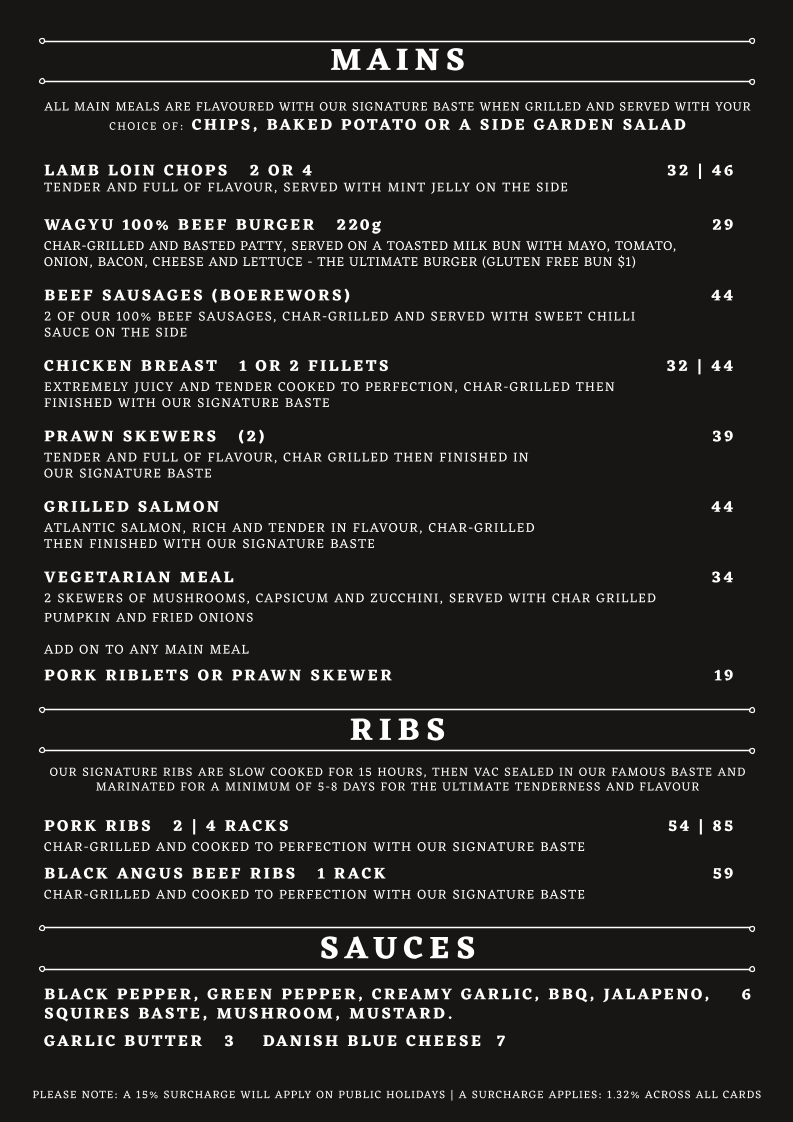 Menu, Squires Loft Williamstown
