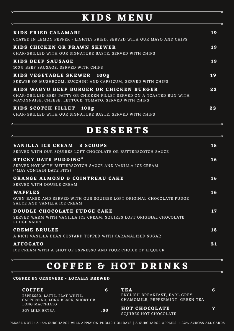 Menu, Squires Loft Williamstown