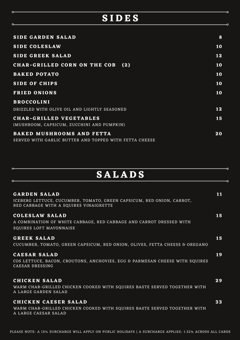 Menu, Squires Loft Williamstown