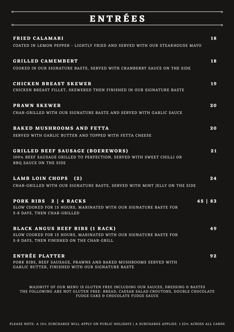 Menu, Squires Loft Williamstown