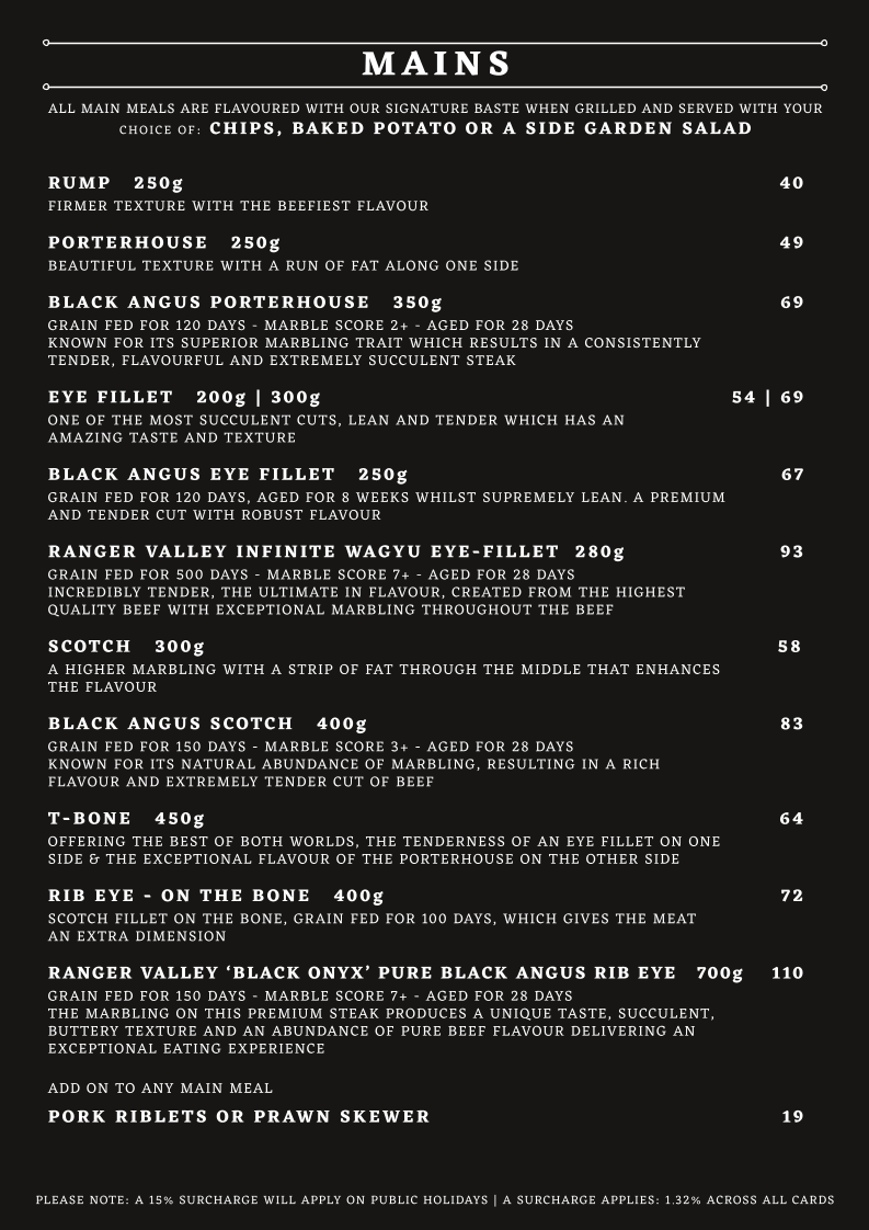Menu, Squires Loft Williamstown