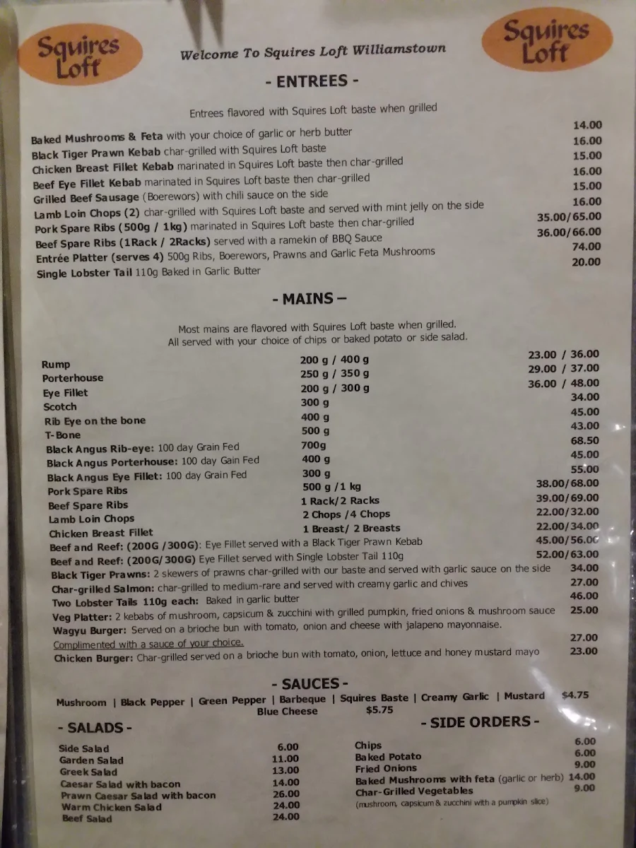Menu, Squires Loft Williamstown