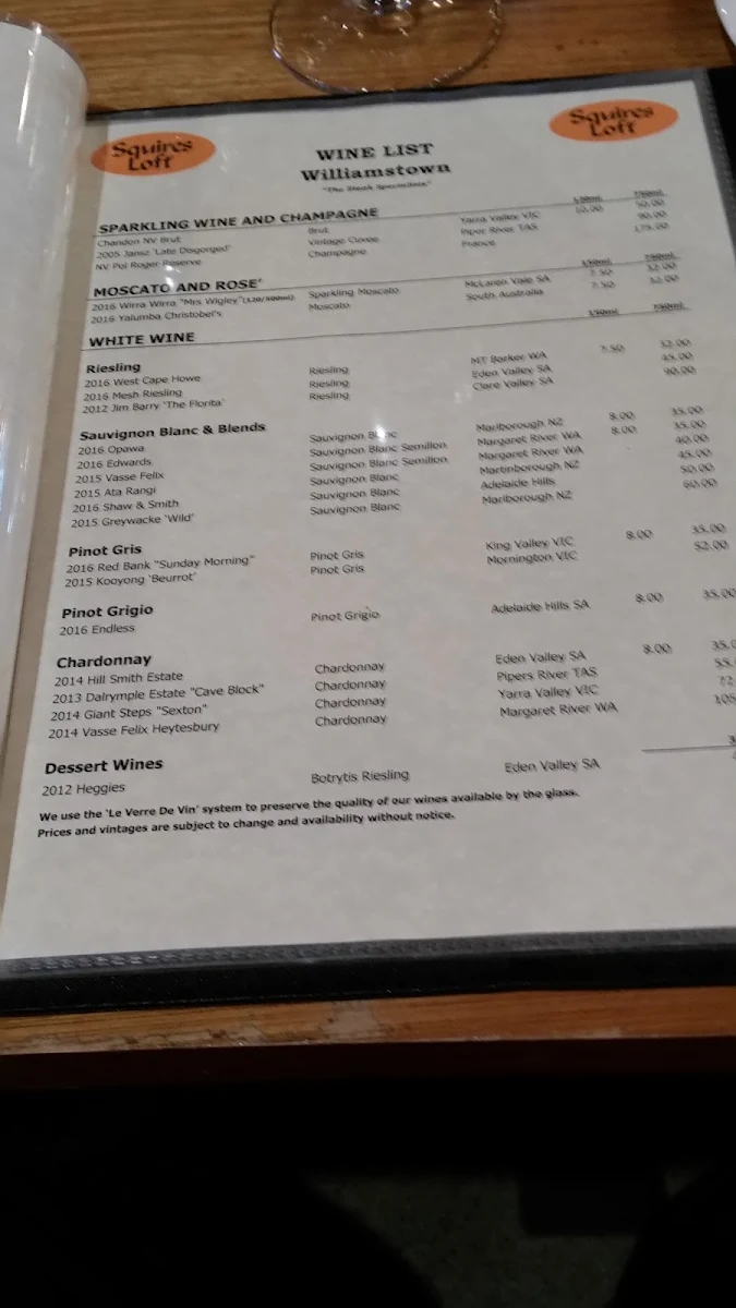 Menu, Squires Loft Williamstown