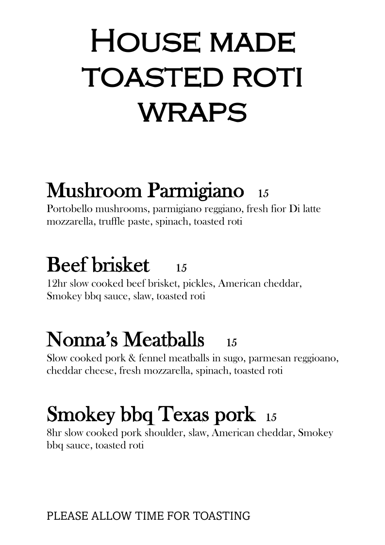 Menu, Steam coffee co