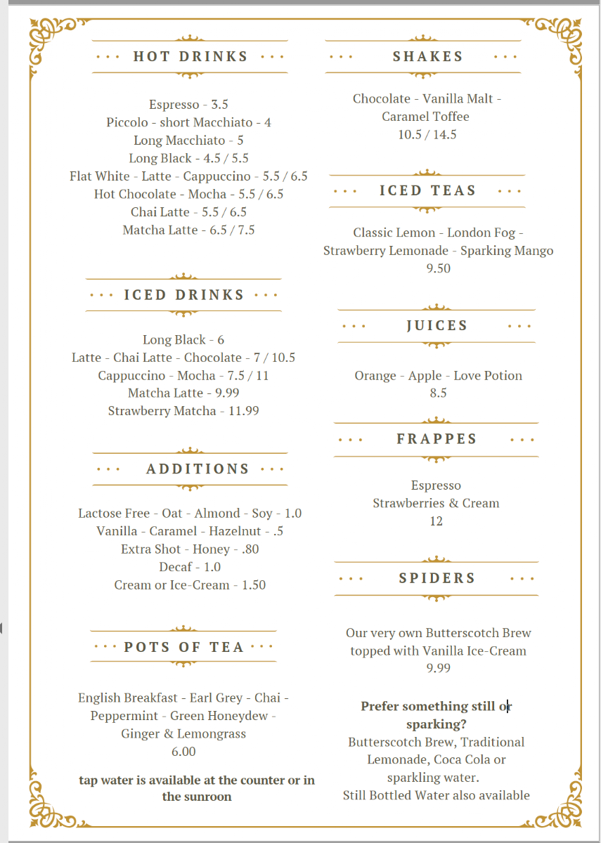 Menu, The Owlery Cafe