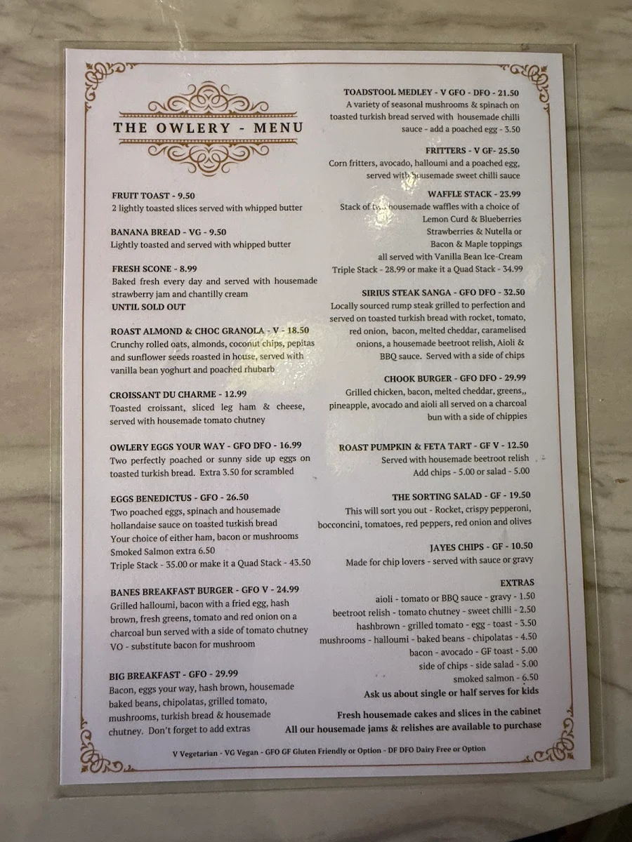 Menu, The Owlery Cafe