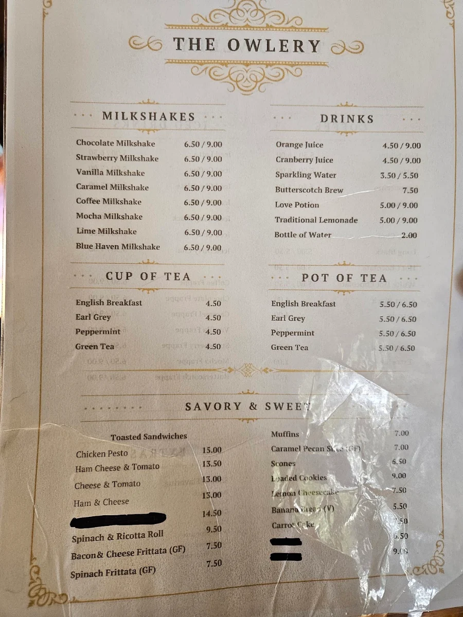 Menu, The Owlery Cafe