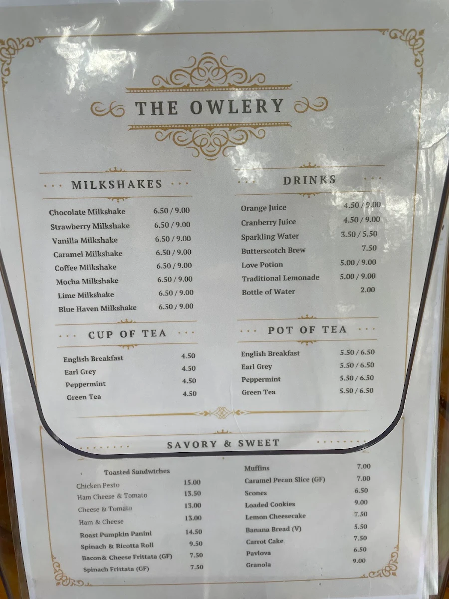 Menu, The Owlery Cafe