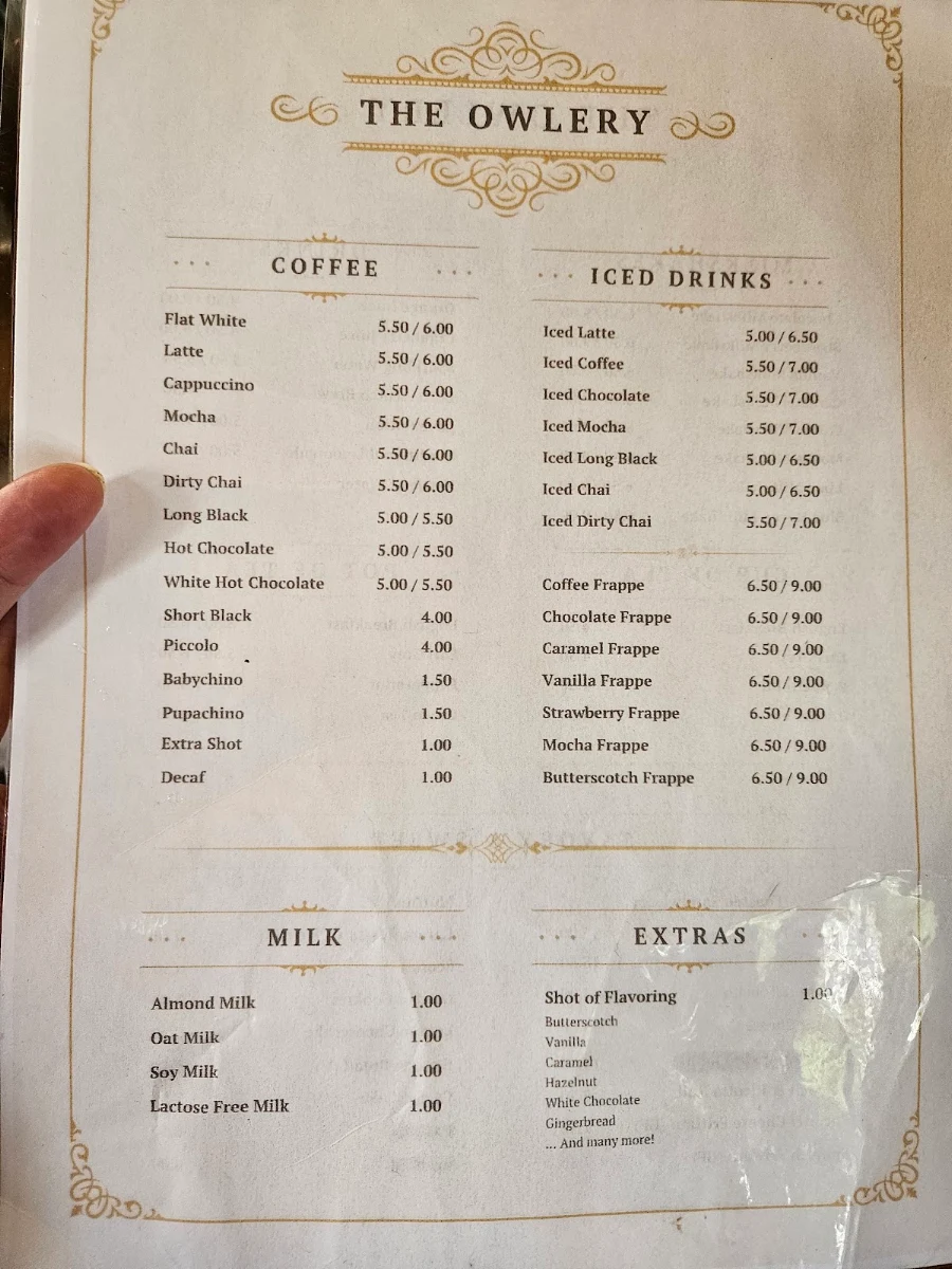 Menu, The Owlery Cafe